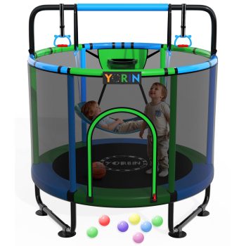 YORIN Trampoline for Kids, 5FT Toddler Mini Trampoline with Enclosure Net, Basketball Hoop, 60'' Indoor/Outdoor Kids Trampoline with Swing, Adjustable Gymnastics Bars, Gifts for Boys & Girls, 600LBS