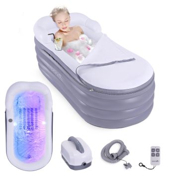 SereneLife Spa Bathtub with Bubble Massage Mat Inflatable Bathtub with Pillow, Cup Holder, Remote Control for LED Lighting, Backrest and Armrests, Supporting Up To 190 lbs. 66" x 30" x 26"