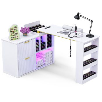 Advwin Manicure Table Nail Desk with RGB Light, L-Shaped Nail Tech Table w/ Dust Collector, Power Outlets & Sliding Door, Length Adjustable Corner Nail Station for Home Spa Beauty Salon