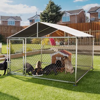 Garvee Heavy Duty Steel Dog Kennel with Roof Secure Outdoor Pet Fence Enclosure Large Playpen for Yard, Boarding, Poultry, Farm Ground Anchors & Lock Size: 7.57.55.5FT (8.77035m)