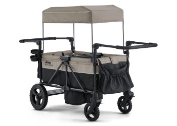 Open Box Jeep Wrangler Mojave All-terrain 2-seater+ Stroller Wagon With Built-in Standing Board by Delta Children, Black and Tan