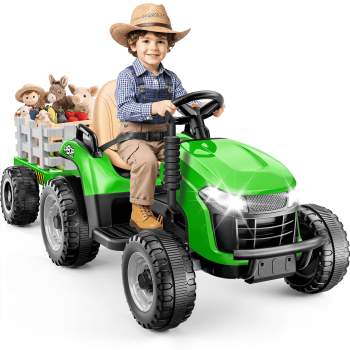 East doll 12V Ride On Tractor with Tiltable & Detachable Trailer, up to 3.3Mph Tractor with Parental Remote, Music Player, Bluetooth& Headlight, Ride On Toy for Kids Ages 2-5Y