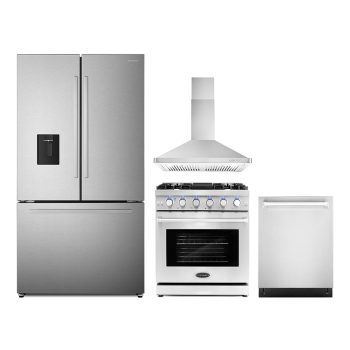 4 Piece Kitchen Package with 30" Freestanding Gas Range 30" Wall Mount Range Hood 24" Built-in Fully Integrated Dishwasher & French Door Refrigerator