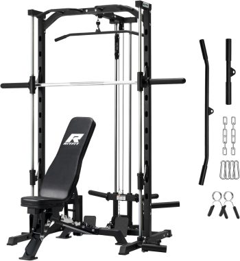 RitFit Smith Machinefor Home Gym, Power Cage Weight Half Rack Weight Lift with LAT-Pull Down System, Landmine (Smith Machine (with BWB01 Weight Bench))
