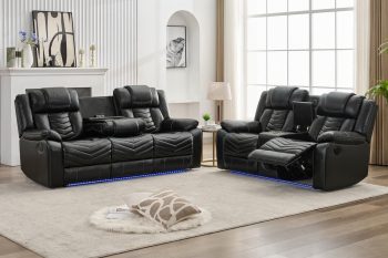 2PCS Power Zero Gravity Reclining Sofa Set with Bass Speaker,Wireless Charger,USB/Type C Ports,LED Light,Cup Holder,Storage Console Faux Leather Electric Recliner Sofa and Loveseat,5 Seater,Black