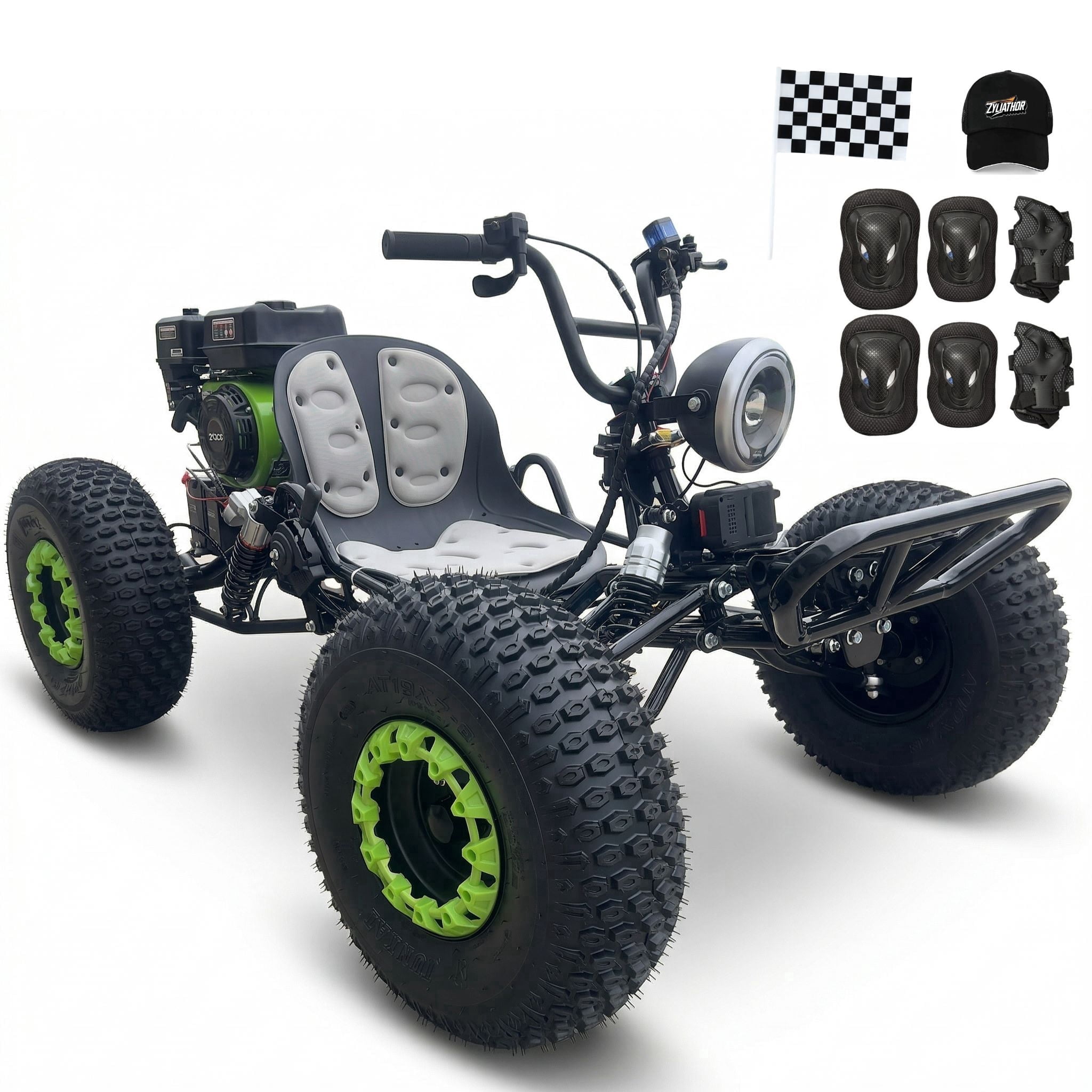 Zyliathor 212cc Gas Powered Off-Road Go Kart for Teens & Adults, Electric Start + Pull Start, Forward Neutral Reverse, CVT Automatic, LED Headlight, AT19x7-8 Tire, 8-Inch Steel Wheel (Black)