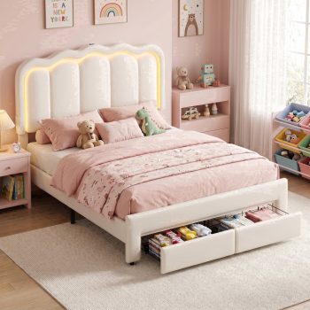 HiJob Size LED Bed Frame for Girls/Kids with Storage Drawers, Velvet Upholstered Platform Bed with Adjustable Headboard, Built in Charging Station