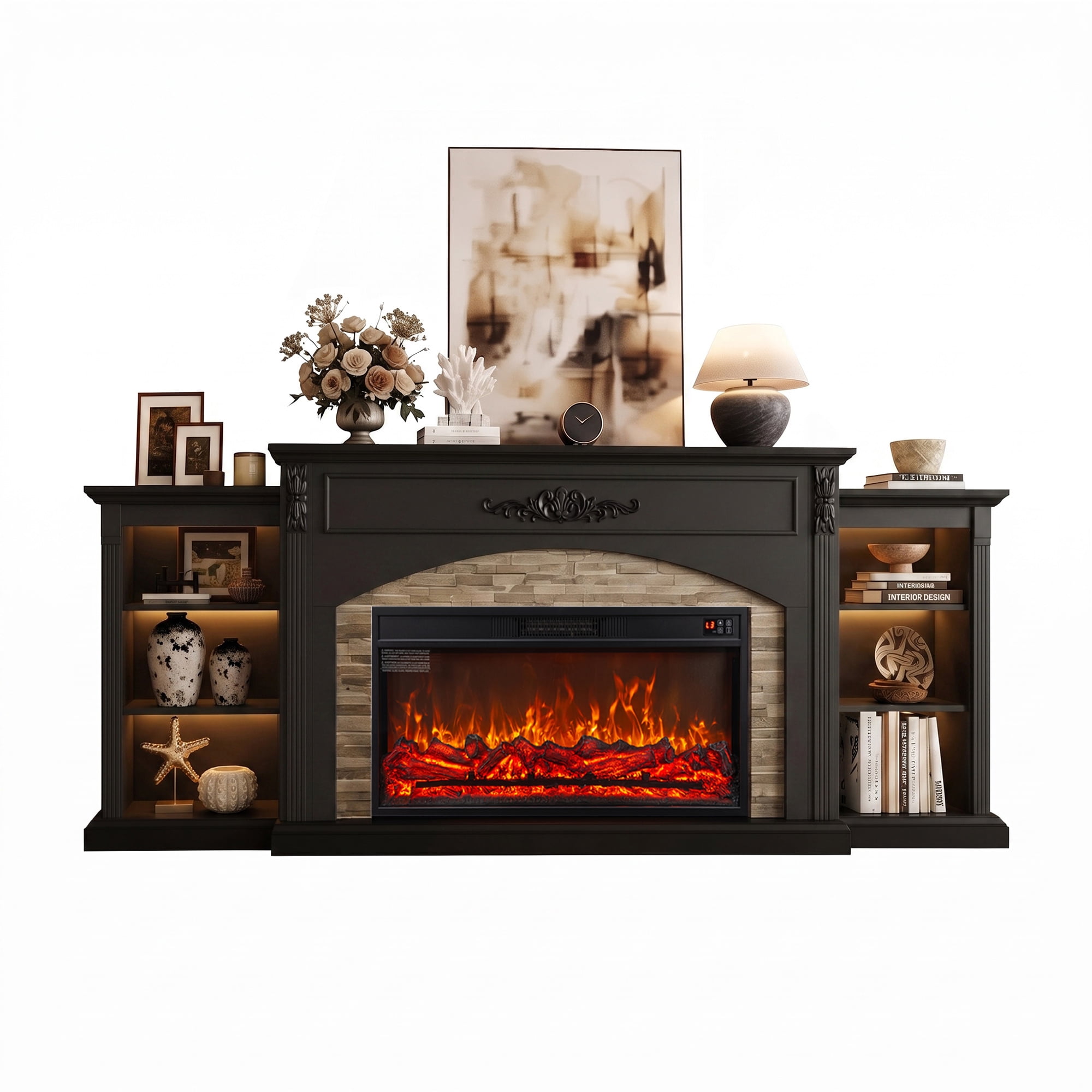 BOSHIRO 100" Electric Fireplace with Mantel and Cabinets, Fireplace TV Stand with 42" Insert Heater, LED Light Power Outlet for Living Room