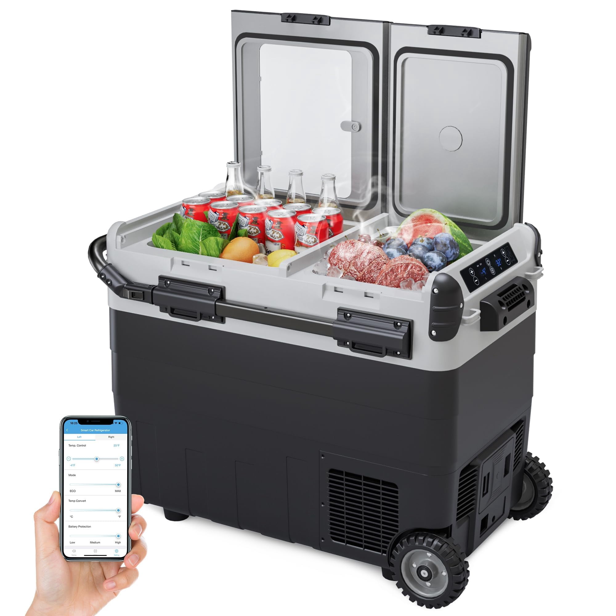 Qt Dual Zone Portable Car Refrigerator Freezer, 12V App-Controlled Electric Cooler with Wheels, -4°F to 68°F for SUV Truck RV Camping