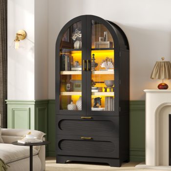 Bestier 71" Arched Pantry Storage Cabinet with Adjustable Shelves, LED Light, Glass Doors and 2 Large Drawers, Farmhouse Display Cupboard for Kitchen, Dining Room, Bathroom