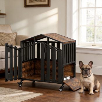 Amlancher 31" Dog Crate Furniture, Heavy Duty Wooden Dog Kennel Indoor with 360° Wheels & Feeding Window, Elevated Roof Cabin Style Dog House for Small Dogs