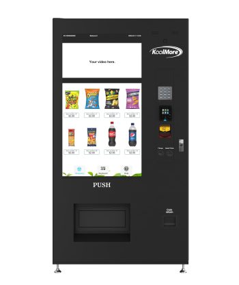 Refrigerated Snack Vending Machine In Black With 48 Slots Featuring Ample 49 Inch Touch Display, Wifi and 4G Connectivity