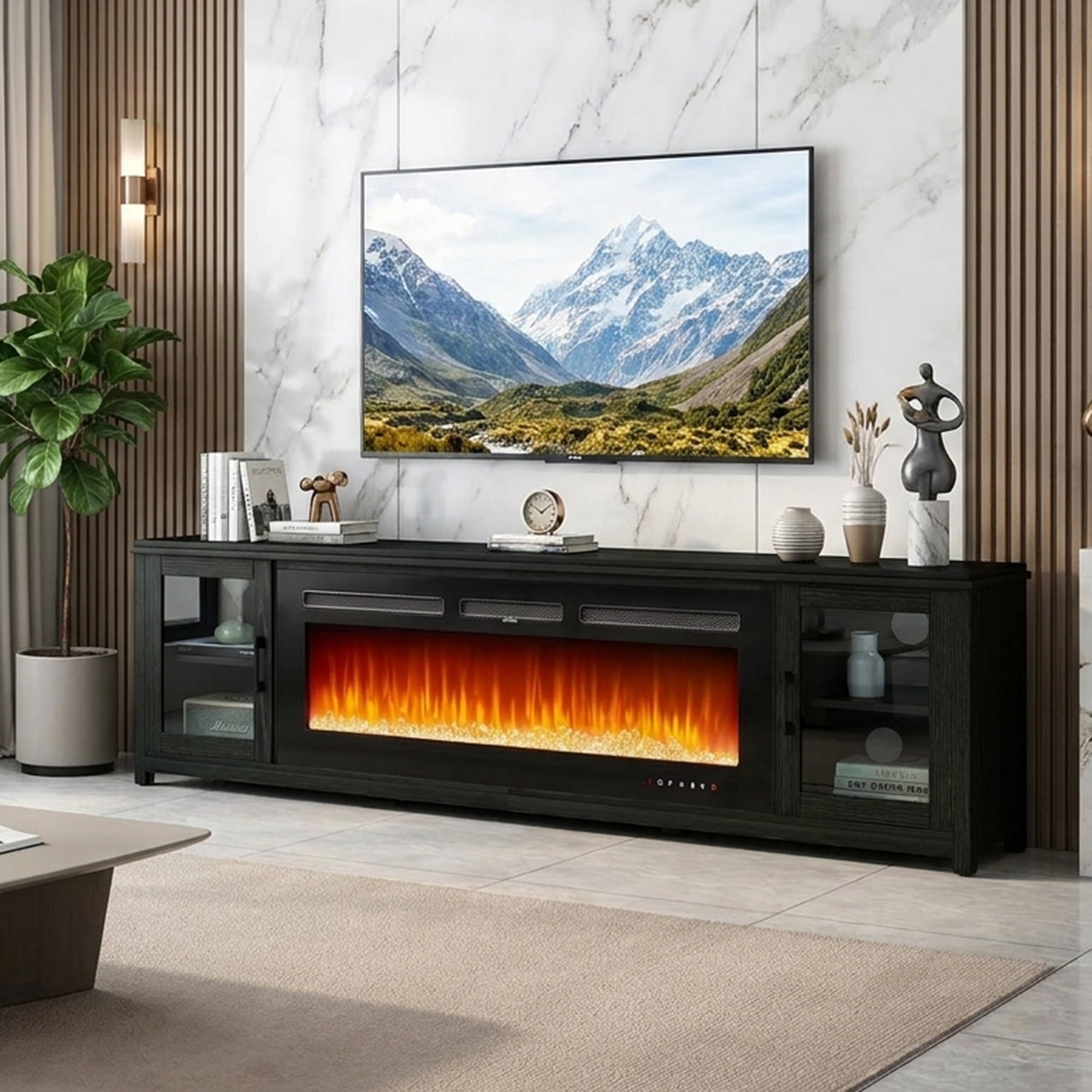 Easoger Fireplace TV Stand for TVs up to 90", 80" TV Stand with 50" Electric Fireplace, Entertainment Center with Glass Doors