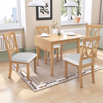 Harper & Bright Designs Foldable Dining Table Set for 4, Farmhouse 5 Piece Extendable Dining Set, Small Kitchen Table Set with Drop Leaf Table and 4 Dining Upholstered Chairs, Natural