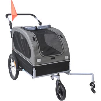 KFFKFF Pet Bike Trailer, Up to 88 lbs Capacity, Dual-Function Dog Stroller and Bicycle Hitch, Foldable Frame with Snap-On Wheels, Includes Bike Attachment, Safety Reflectors, and Flag, Black/Gray