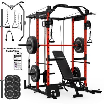 Mikolo Power Cage, Squat Rack with Dual Pulley Cable Crossover System, Multifunction Free Weight Home Gym Workout Machine with Attachmenteds Red