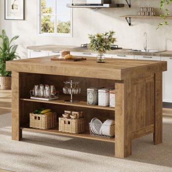 Tribesigns 55-Inch Kitchen Island, Farmhouse Wooden Island Table with with Seating and Storage Shelves for Kitchen, Dining (Oak Brown)
