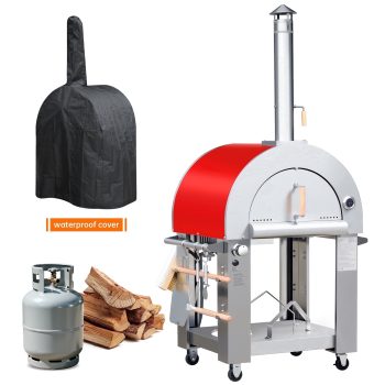 KOSTCH Outdoor Pizza Oven, 32.5" Wood Fire & Propane Oven, Stainless Steel, Casters & Cover for Backyard and Camping, Red