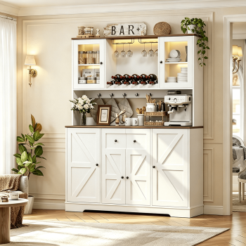 Frmobepts 68" Tall Kitchen Pantry Cabinet with LED Light & Charging Station, Modern Kitchen Hutch with Microwave Stand and Wine Racks, Large Food Pantry Storage Cabinet with Glass Doors