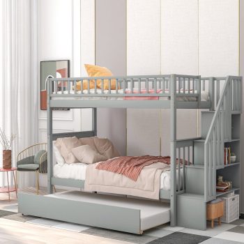 MODERNLUXE Twin over Twin Bunk Bed with Storage Staircase and Trundle, Gray