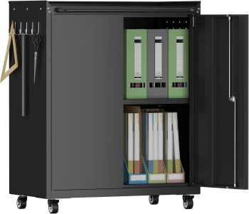 QHTERMetal Garage Storage Cabinet with Wheels, 32''H Rolling Cabinet with Lock & Doors, Heavy-Duty Steel Tool Storage Cabinet for Home Office, Basement, Workshop, Black