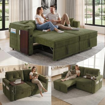 LLappuil Loveseat Sofa, Pull Out Sofa Bed Queen Size, Corduroy Sofa Couch with 360° Swivel Tabletop, USB Charging Port, Cup Holder for Living Room