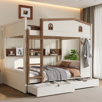 Harper & Bright Designs Queen over Queen Bunk Bed and Shelves, Solid Wood Bunk Beds with Stairs and Hooks, Beige+Natural
