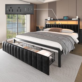 Size Bed Frame with Storage Drawer, LED Upholstered Platform Bed with Charging Station, Metal Slats, Black