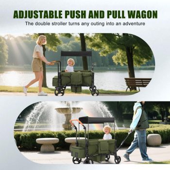 Wagon Stroller for 2 Kids, 3 in 1 Push and Pull Foldable Wagon with Footwell, All-Terrian Wheels, Includes Adjustable Canopy, Ample Organizer, 5 Point Harness ()