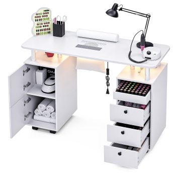 Advwin Rolling Manicure Table with Dust Collector, LED Lights & Wrist Rest, Beauty Salon Workstation Nail Desk for Nail Tech, Nail Technician Desk for Salon or Home Use