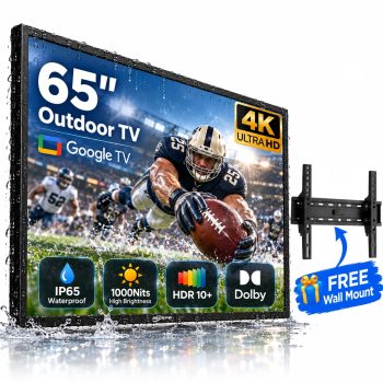 65Inch 4K Google Smart TV, 1000nits High Brightness Outdoor TVs, IP65 Waterproof TV, Voice Assistant Remote, Compatible with Dolby, Wide Viewing Angle Smart TV, Suitable for Partial Sun