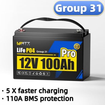 WattCycle 12V 100Ah LiFePO4 Lithium Battery Group 31 Battery with Built-in 110A BMS&Low-Temp Protection for Marine/RV/Solar Storage/Camping/Trolling Motor/Off-Grid/Home Backup Power,6000+Deep Cycles