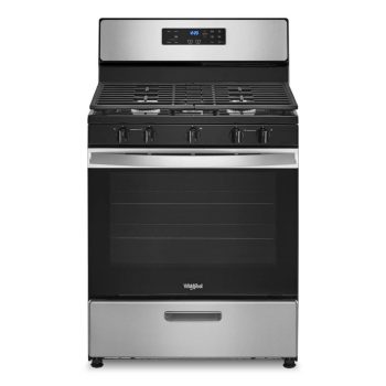Brand New WFG505M0MS Whirlpool 30" 5.1 cu ft 5 Burners Gas Range in Stainless Steel. Dimensions of 29 width, 27.2 depth, and 46.25 height