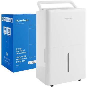 hOmeLabs 25 Pint Wi-Fi Dehumidifier for up to 3,500 Sq Ft Rooms (MAX 64 Pint at 95°F, 90% RH) – High-Efficiency Moisture Removal for Medium to Large Spaces with Auto Shut-Off and Quiet Operation