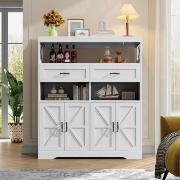 Farmhouse Buffet Cabinet with Barn Doors and Adjustable Shelves, Large Kitchen Storage Sideboard for Coffee Bar, Entryway Console ()