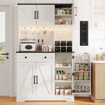 Neche 71" Kitchen Pantry Cabinet, Tall Storage Cabinet with Charging Station, LED Light, Microwave Stand, Drawers, Wine Rack, Farmhouse Hutch for Dining Room
