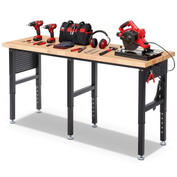 Workbench for Garage,ENJOYWOOD Heavy Duty 72 inch Wood Work Bench with Power Outlets and Peoboards,Rubber Wood Tabletop,5000 LBS Load Bearing Workstation Garage Desk Work Table