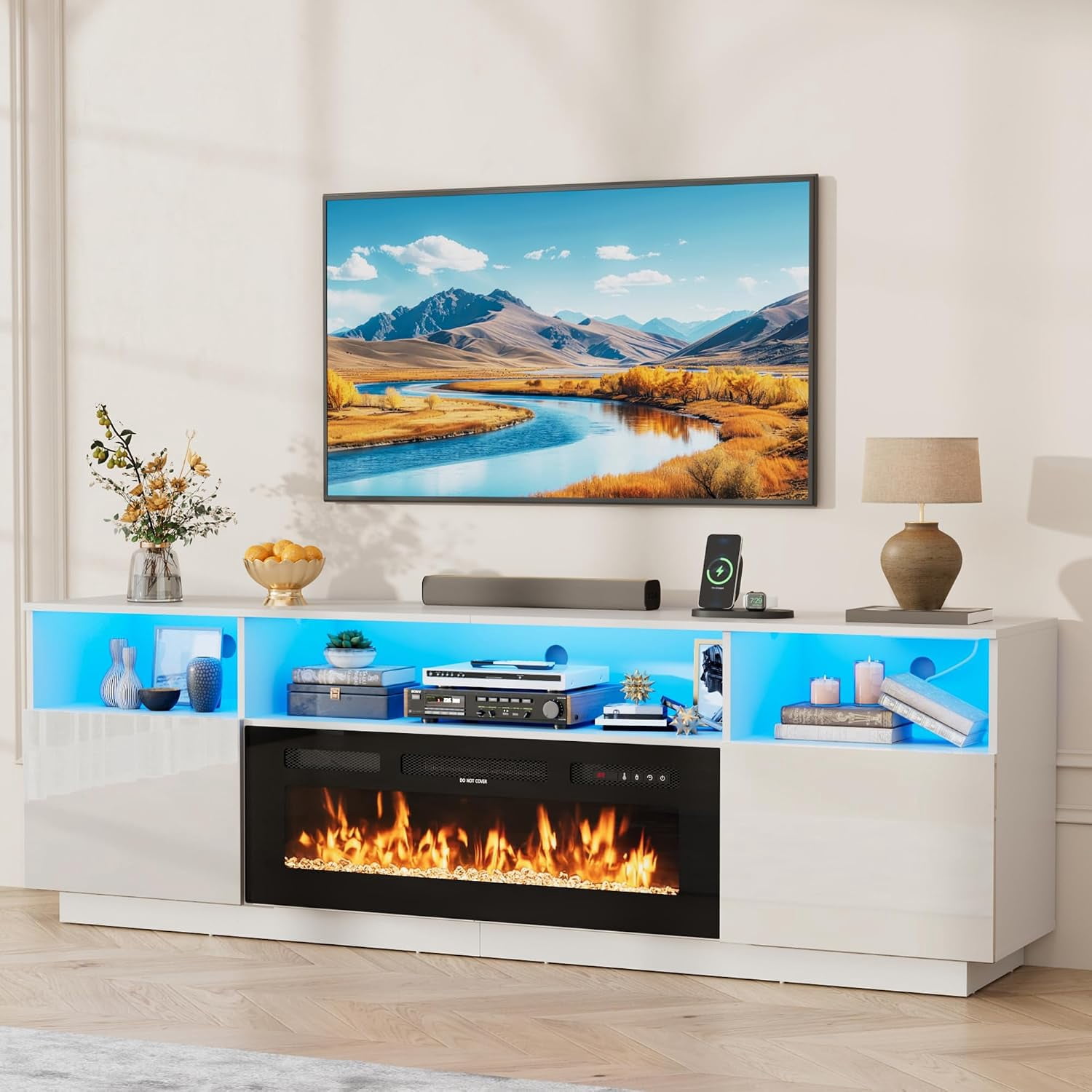 Aphthongs 80" Fireplace TV Stand with 40" Electric Fireplace, LED Light Entertainment Center for TVs Up to 90", High Glossy Modern Media Console for Living Room, Bedroom