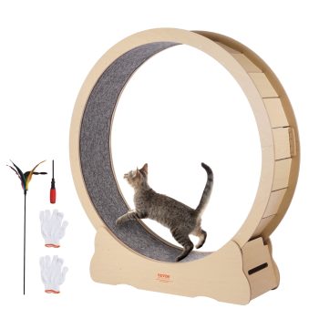 VEVOR Wooden Cat Exercise Wheel, 52" Large Cat Treadmill Wheel for Indoor, Cat Running Wheel with Detachable Carpet & Cat Teaser for Running, Walking, Training