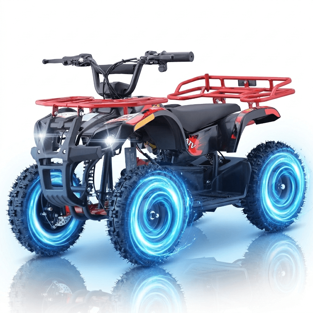 36V Electric 500W Motor 4‑Wheeler with Front & Rear Suspension, IVFJFV Electric 4‑wheel Off‑Road Deep‑Tread Tires & Safety Warning Flag & Bright LED Headlights