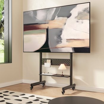 FITUEYES Rolling TV Stand with Wheels for 40-85 inch LCD/LED Screens, Height Adjustable Mobile Cart with One Shelf