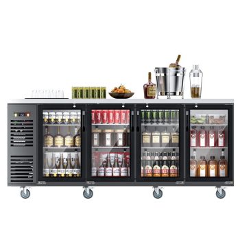 Coolake 92" 32.5 Cu.Ft. 4 Glass Doors Commercial Counter Height Back Bar Cooler Refrigerator with Stainless Steel Top LED Lighting in Black for Bar Store Office Kitchen RV, 33-41