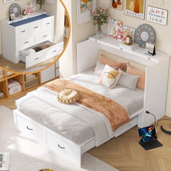 OxyLife MDF Murpy Bed with Drawer and USB Charging Station, White