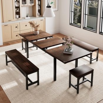 Honfach 5 Piece Dining Table Set for 4-8 People, 63" Large Extendable Kitchen Table Set with 2 Benches and 2 Square Stools, Dining Room Table with MDF Wood Board,