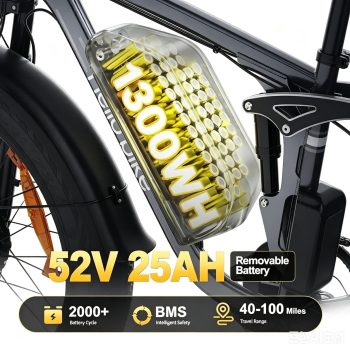 E-Motos Bike, 52V 25Ah 5000W Dual Motors, 26" Fat Tires Moped Bike Adults, Max 45mph 100 Mile Range, for Off-Road Mountain Riding Adventures UL 2849