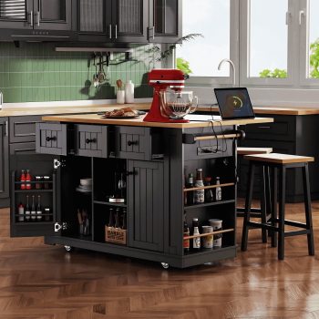 Kitchen Island with Seating and Storage, Moveable Kitchen Island with Stools, Power Outlet and Drop Leaf, Portable Kitchen Carts with Drawers and Shelves for Dinning Room