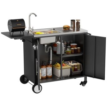 TK Outdoor Grill Table with Sink Metal Worktable Kitchen Cabinet Island with Foldable Top and Storage Cabinet Rolling Grill Cart with Wheels for Garde