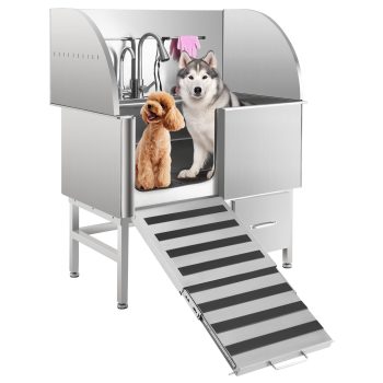 Garvee 50" Stainless Steel Dog Grooming Tub with Ramp, Faucet, Storage Drawer, Floor Grate (Left Ramp)