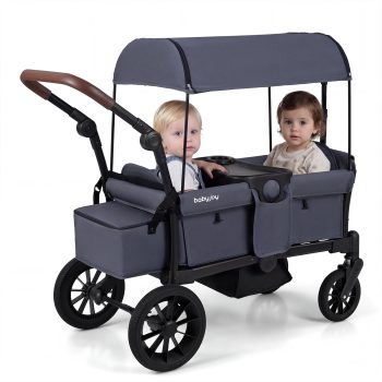 Costway Foldable Wagon Stroller for 2 Kids, Double Seater Toddler Stroller with Canopy
