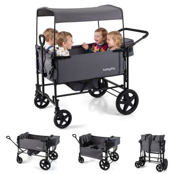 Babyjoy Foldable Wagon Stroller for 4 Kids with Removable Canopy, One-step Brake System